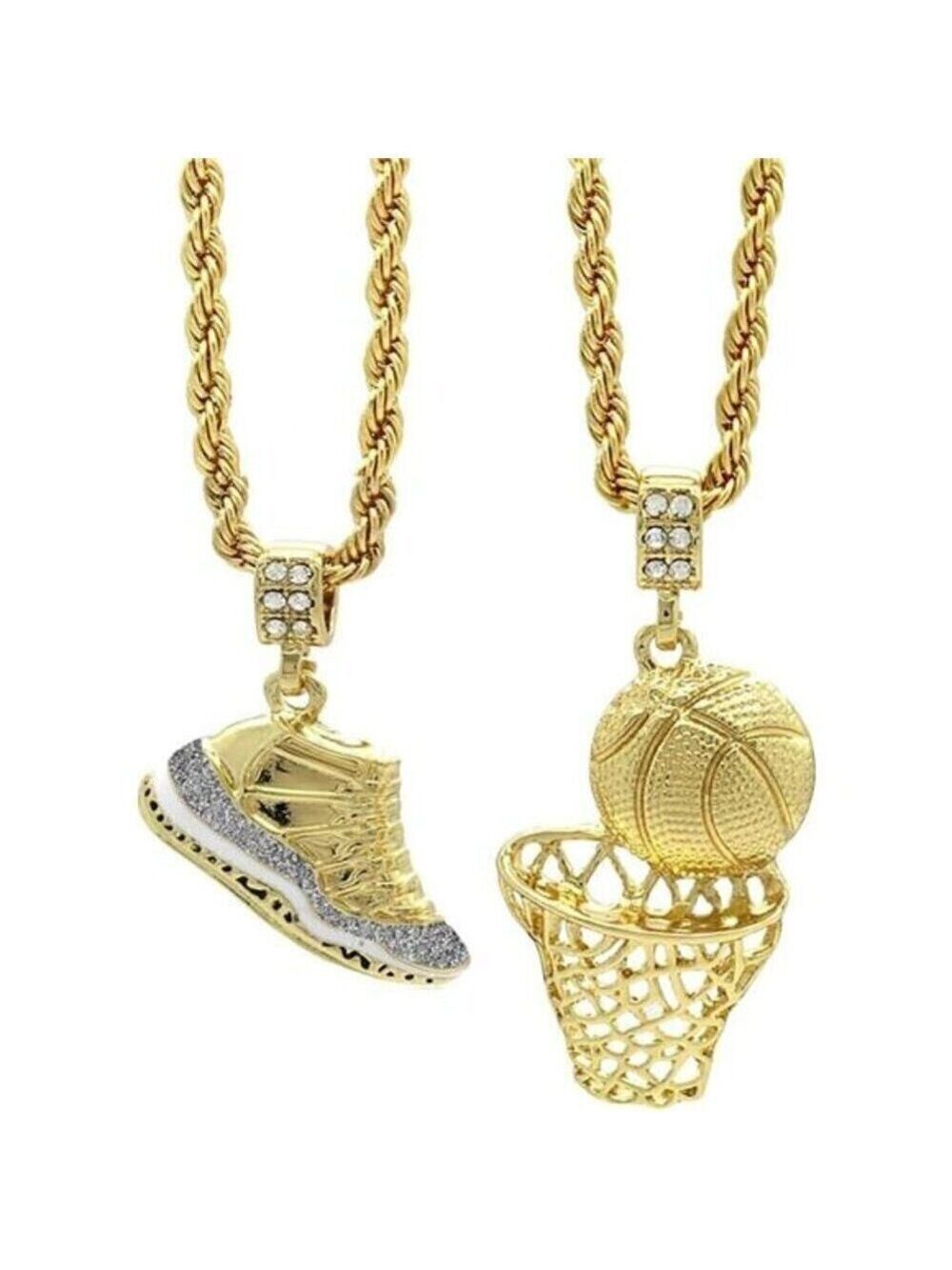 Jordan Retro 11 Shoes Necklace Gold Plated CZ Sneakers and Basketball Hoop 24"